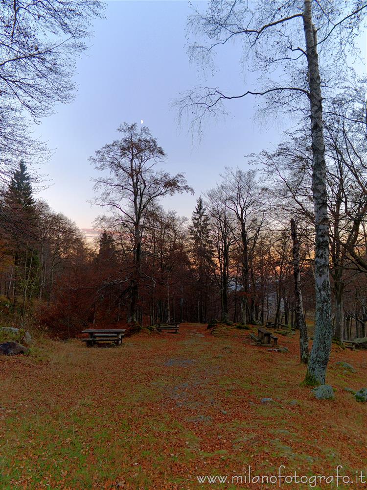 Biella, Italy - Autumn clearing at darkening in the woods around the Sanctuary of Oropa