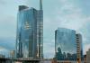 Milan (Italy): The cloudy sky reflected on the Unicredit towers