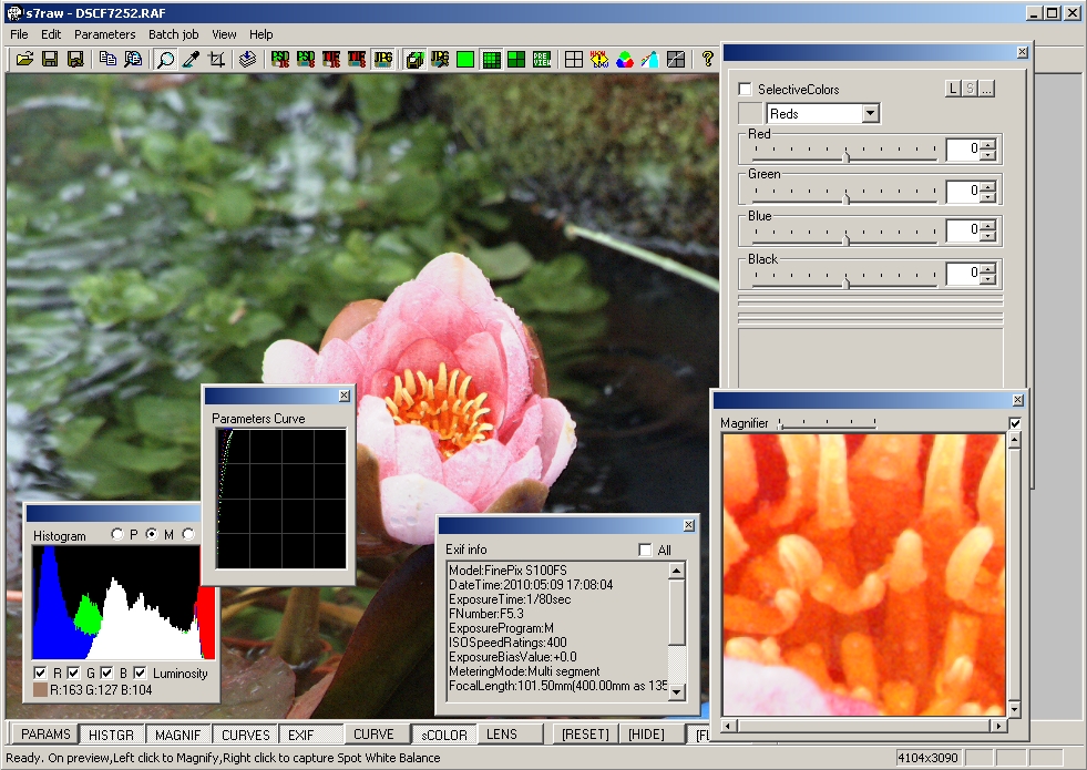 screenshot dell' editor di elaborazione file raw s7raw