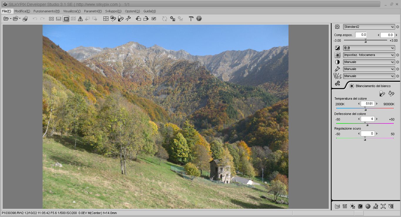 screenshot dell' editor di elaborazione file raw Silkypix SE